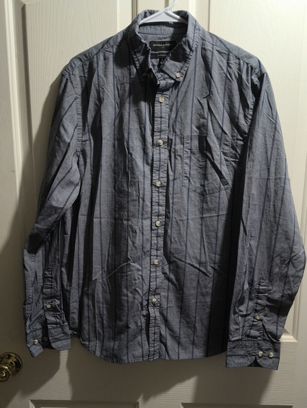 Banana Republic Men's Navy and Light Blue Striped Button-Down Shirt